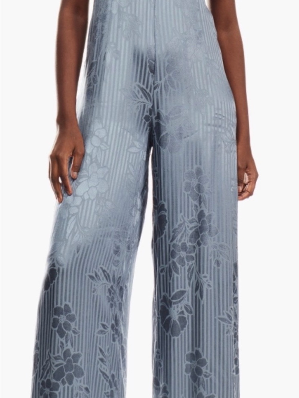 Forever 21 Contemporary Halter Jumpsuit Cloud Blue Satin Floral Wide Leg XS NEW